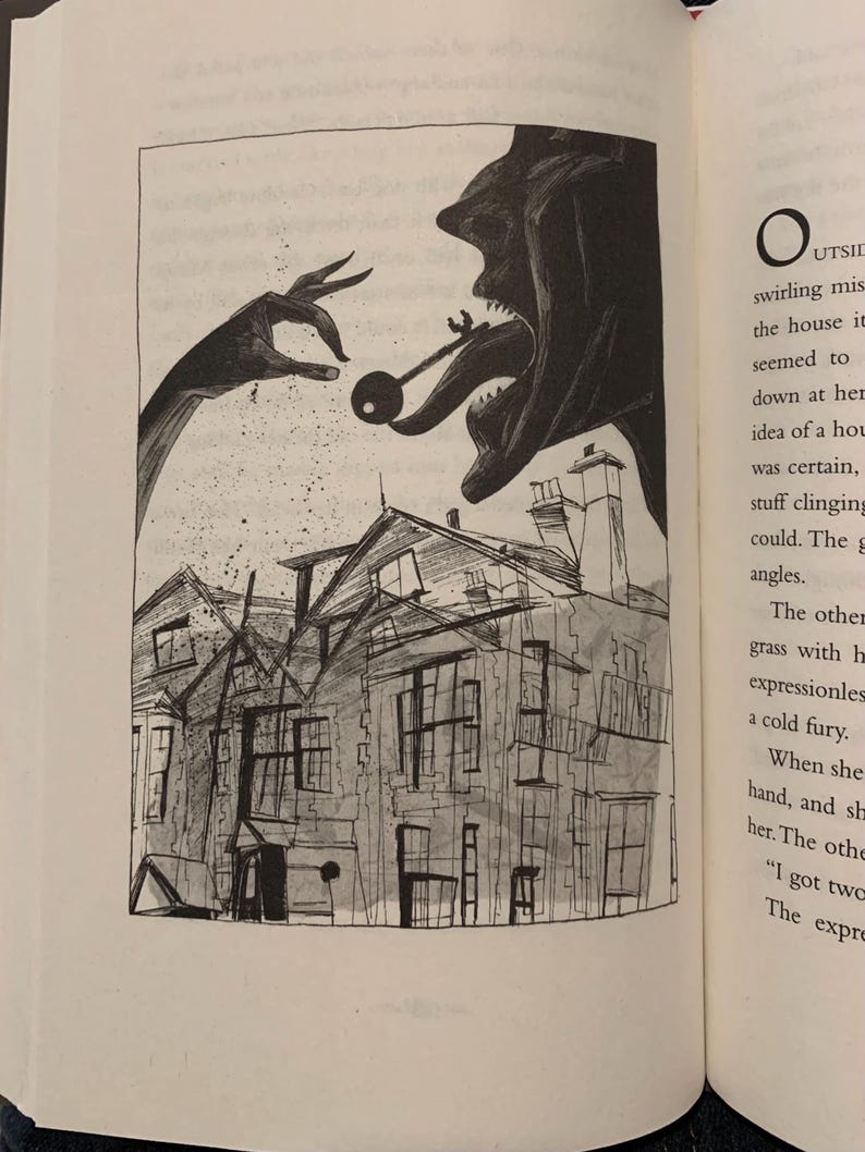 May include: A black and white ink illustration on a book page depicting a large, shadowy creature with an open mouth and a long tongue holding a key. Above a house, a large hand reaches down, scattering particles toward the building below.