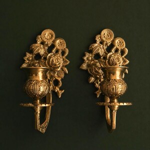 Vintage Brass Wall Sconces Pair – Ornate Floral Backplate with Engraved Candle Cups, Rococo Style Wall Candle Holders