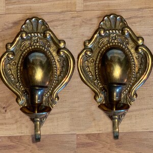 Pair of Vintage Brass Wall Sconces - Ornate Decorative Brass Candle Holders