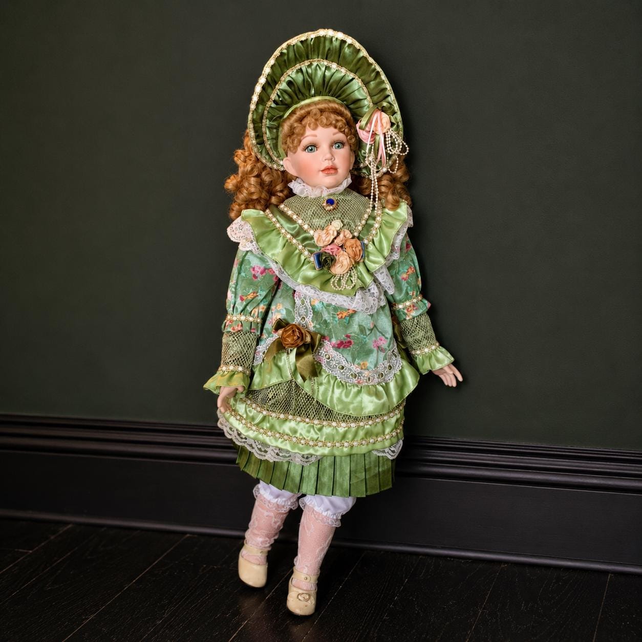 Vintage Collectible Porcelain Doll: 29-inch Victorian Green