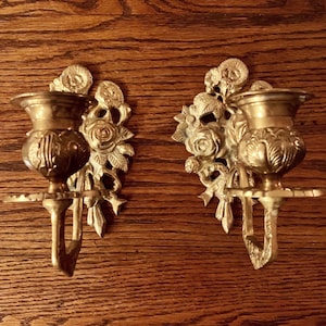 Vintage Brass Candle Sconces: Ornate Floral Wall Decor Pair
