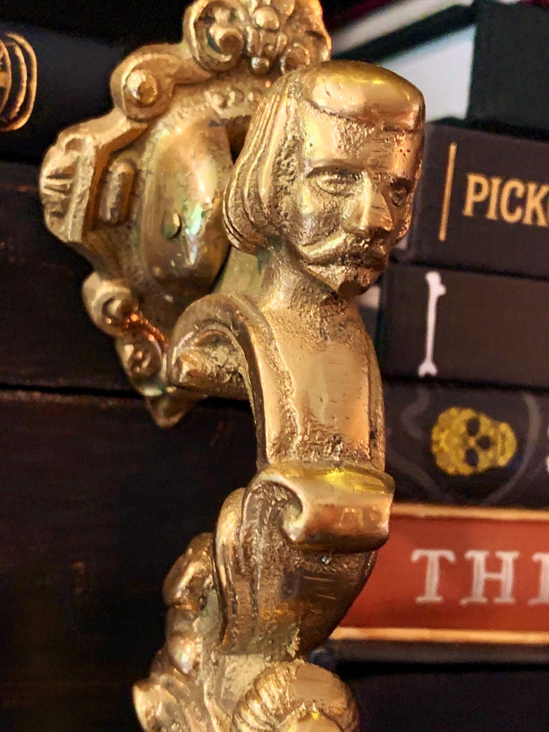 Antique Brass Door Knocker with Ornate Victorian Design Featuring a Gentleman’s Head image 10