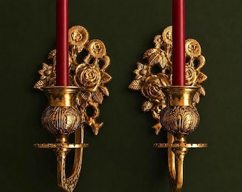 Vintage Brass Wall Sconces Pair – Ornate Floral Backplate with Engraved Candle Cups, Rococo Style Wall Candle Holders