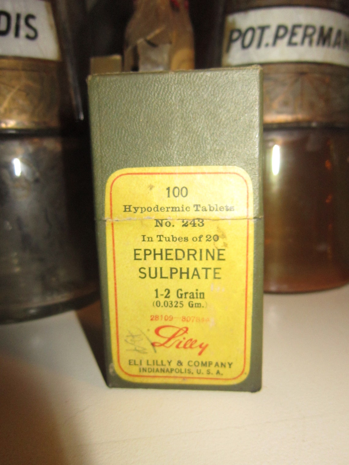 Vial and Box for hypodermic Ephedrine Sulfate tablets Eli Etsy