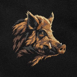 May include: Embroidered image of a wild boar's head in profile, featuring detailed stitching in shades of brown, black, and tan. The boar has visible tusks and a textured snout, set against a solid black background. The artwork showcases a realistic animal portrait.