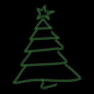May include: A green Christmas tree design on a black background. The tree is constructed from a series of zigzag lines, with a star at the top. The design is simple and festive, perfect for holiday-themed products.
