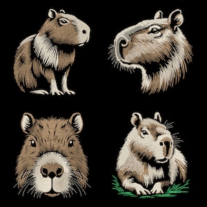 May include: Four illustrations of a capybara, a large rodent native to South America. The illustrations are in a black and white line art style with a brown and beige color scheme. The capybaras are shown in different poses, including a full-body view, a head shot, and a close-up of the face.