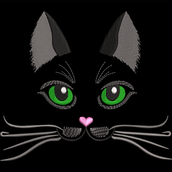 Cat Face Green Eyes Embroidery Design, Halloween Witch's Black Cat, Machine file in 3 sizes