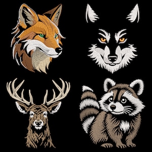 Paquete de diseños de bordado de animales del bosque: zorro rojo, cara de lobo, mapache lindo, ciervo realista, archivos PES de máquina de puntada de relleno para amantes de la naturaleza