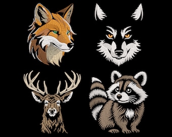 Paquete de diseños de bordado de animales del bosque: zorro rojo, cara de lobo, mapache lindo, ciervo realista, archivos PES de máquina de puntada de relleno para amantes de la naturaleza