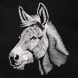 May include: A white embroidered image of a donkey's head on a black background.