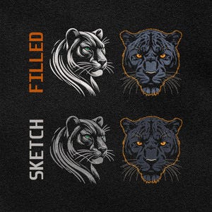 May include: An embroidery design featuring two panther heads in two styles: FILLED and SKETCH. The left side shows a panther in profile with green eyes, while the right side shows a front-facing panther with orange eyes, all on a black background.