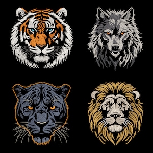Predators Embroidery Designs Bundle - Realistic Tiger, Mystic Wolf, Black Panther, Noble Lion, Fill Stitch Wild Animals Machine PES Files