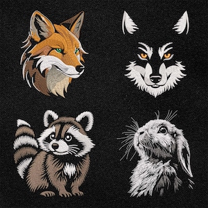 May include: A digital illustration of four animals: a fox, a wolf, a raccoon, and a rabbit. The animals are all facing forward and have a detailed, embroidered look.
