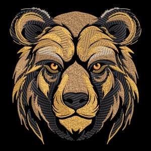 Majestic Bear Face Embroidery Design - Fill Stitch Forest Animal Head on Dark Fabric, Wild Power Totem, Premium Digital Machine PES Files
