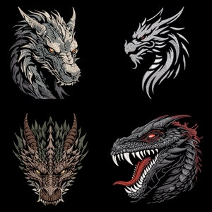 May include: Four different dragon head illustrations. The first dragon is gray with yellow eyes, the second is white with red eyes, the third is green with yellow eyes, and the fourth is gray with red eyes and an open mouth.