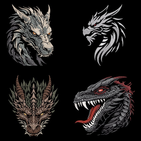 Fantasy Dragon Embroidery Designs Bundle - Mystical Beast Head for Dark Fabric, Epic Magical Animal Face PES Pattern, Fairy Tale Creature