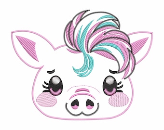 Niedliches Schwein-Gesicht-Stickerei-Design - Skizzenstich-Schweinchen mit coolem Haarschnitt, perfekt für Feen-Themen-Kinderzimmer oder Geburtstagsfeiern