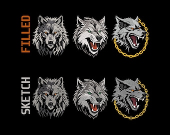 Fierce Mystic Wolf Head Machine Embroidery Designs Bundle – Filled & Sketch Stitches for Dark Fabric, Biker Hoodies PES, Golden Chain Accent