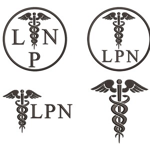 May include: Black and white graphic design of a medical caduceus with wings and the letters LPN. The caduceus is in a circle with the letters LPN.