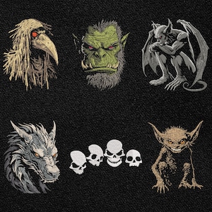 May include: A collection of six fantasy creature illustrations on a black background. The creatures include a bird-like figure, a green orc, a gargoyle, a dragon, skulls, and a goblin. The illustrations are detailed and in shades of gray, brown, and green.