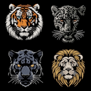 リアルな大型猫の刺繍デザインバンドル - ベンガルトラ、ミスティックパンサー、ジャガー、高貴なライオン、フィルステッチリーガル野生動物マシンファイル