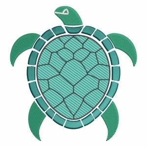 May include: A teal blue sea turtle with a white outline, embroidered in a stitched style.