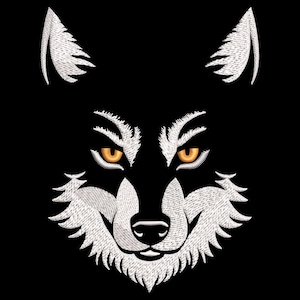 May include: A white wolf's face with a black background. The wolf has a serious expression with orange eyes.