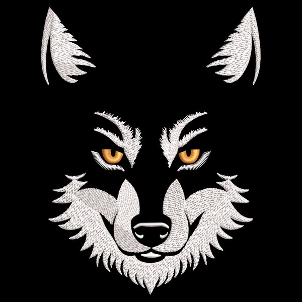 White Wolf Face Embroidery Design for Dark Fabric - Fill Stitch Forest Animal with Orange Eyes, Wild Totem Emblem, Machine Embroidery Files