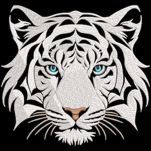 White Tiger Face Embroidery Design for Dark Fabric - Majestic Fill Stitch Wild Animal Head, Machine Embroidery Files in 5 Sizes