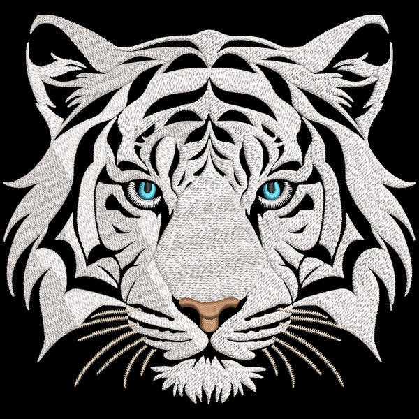 White Tiger Face Embroidery Design for Dark Fabric - Majestic Fill Stitch Wild Animal Head, Machine Embroidery Files in 5 Sizes