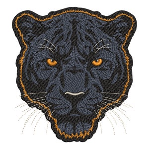 May include: Black panther head embroidery patch with orange eyes and a detailed design. The patch has an orange outline and is perfect for adding a touch of wildness to your clothing or accessories.