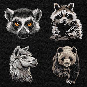 May include: Embroidered animal portraits on a black backdrop. The image shows a lemur with orange eyes, a raccoon, a llama, and a panda bear. The animals are depicted in shades of grey, black, and white.