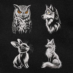 May include: Four embroidered animal portraits on a black background. The animals include an owl with orange eyes, a wolf, a rabbit, and a fox. The embroidery is white, creating a striking contrast against the dark fabric.