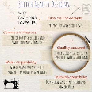 Peut inclure: Un graphique avec le texte "Stitch Beauty Designs" et une liste de raisons pour lesquelles les artisans aiment l'entreprise. Les raisons incluent&nbsp;: des designs faciles &agrave; utiliser, une utilisation commerciale gratuite, une large compatibilit&eacute;, une qualit&eacute; assur&eacute;e et une cr&eacute;ativit&eacute; instantan&eacute;e.