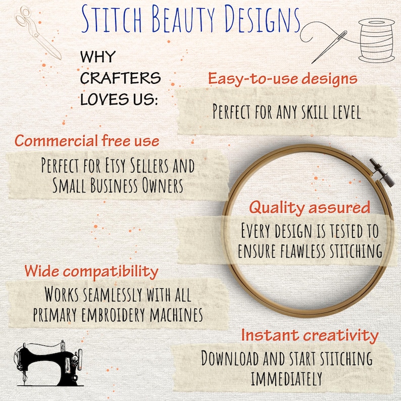 Peut inclure: Un graphique avec le texte "Stitch Beauty Designs" et une liste de raisons pour lesquelles les artisans aiment l'entreprise. Les raisons incluent&nbsp;: des designs faciles &agrave; utiliser, une utilisation commerciale gratuite, une large compatibilit&eacute;, une qualit&eacute; assur&eacute;e et une cr&eacute;ativit&eacute; instantan&eacute;e.