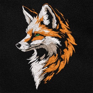 May include: Embroidered design of a fox's head, with orange and white fur, looking to the left. The fox has a green eye and a black background.
