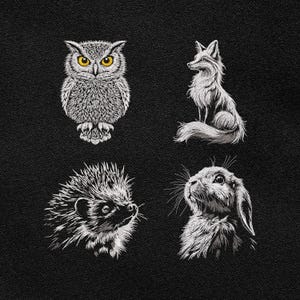 May include: A black background features four detailed white illustrations of woodland creatures. An owl with yellow eyes, a fox, a hedgehog, and a rabbit are depicted in a detailed, artistic style.