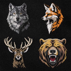 Peut inclure: Patchs brodés représentant un loup, un renard, un cerf et un ours. Le loup est gris, le renard est orange et blanc, le cerf est brun et l'ours est brun avec une expression féroce.
