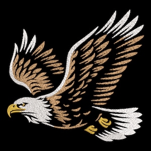 May include: Embroidered design of a bald eagle in flight, featuring detailed stitching in white, tan, and gold against a black background. The eagle's head is white with a yellow beak, and its wings are spread wide.