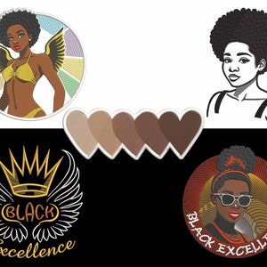 Black Girl Excellence Embroidery Designs BUNDLE, Melanin Hearts, Angel Wings Magic, Gold Crown, Black Woman Queen, Machine embroidery files