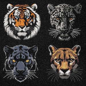 May include: Four embroidered big cat faces: a tiger with orange and white fur and blue eyes, a leopard with black spots, a black panther with yellow eyes, and a cougar with brown fur and yellow eyes. The background is black.