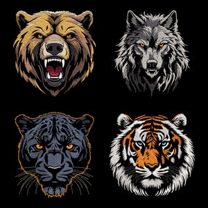 Realistic Wild Animal Embroidery Designs Bundle - Fierce Bear, Noble Tiger, Mystic Wolf, Black Panther, Fill Stitch Files for Nature Lovers