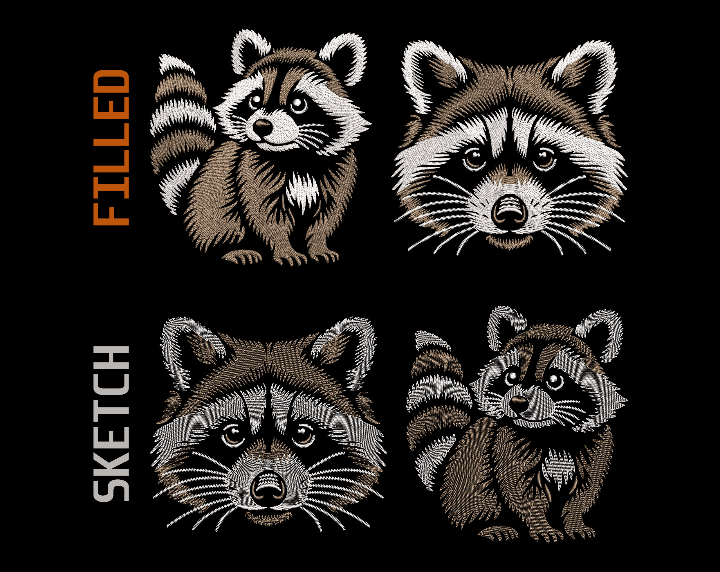 愛らしいアライグマの刺繍デザインバンドル - フィル＆クイック