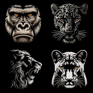 Majestic Jungle Beasts Embroidery Designs Bundle - Fierce Lion, White Panther, Mystic Jaguar, Brutal Gorilla, Wild Animals for Dark Fabrics