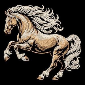 May include: A beige horse with a flowing white mane and tail, embroidered in a detailed style. The horse is depicted in a rearing pose, with its front legs raised and its head turned to the side.