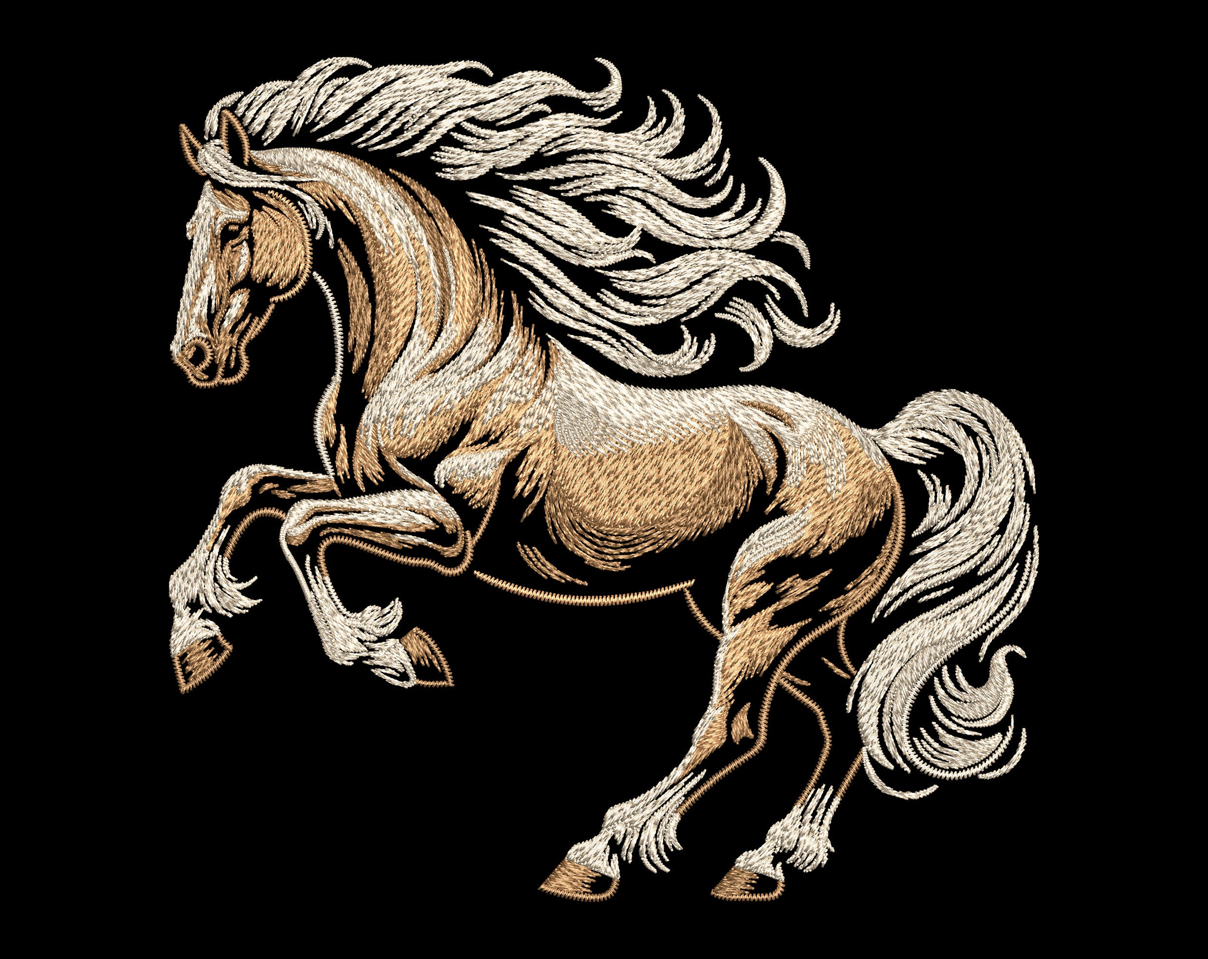 高貴な馬の刺繍デザイン - 濃い色の生地に白いたてがみを持つ野生の