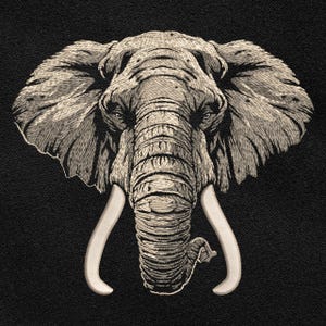 May include: Embroidered image of an elephant's head with large tusks. The elephant is facing forward with its trunk curled up. The image is done in shades of grey and white on a black background.
