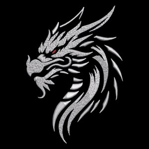 May include: A silver embroidered dragon's head with a red eye, against a black background.
