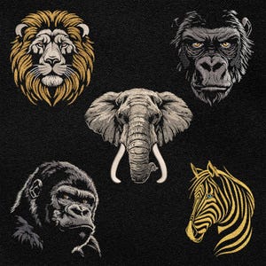 Broderimönster för afrikanska djur - Lejon, elefant, gorilla, apa, zebra för mörk textil, realistiska safari- och djurlivsdekorationsfiler
